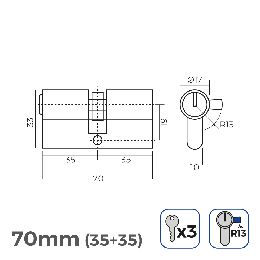 NICKEL PUMP 70mm 35 35mm SHORT CAM R13 WITH 3 KEYS INCLUDED EDM